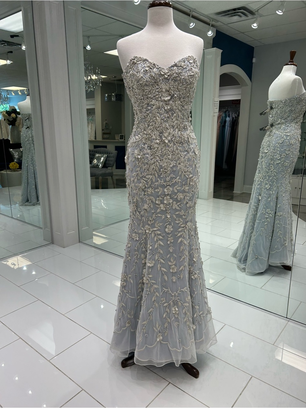 Strapless Embellished Evening Gown in Ivory & Blue Color